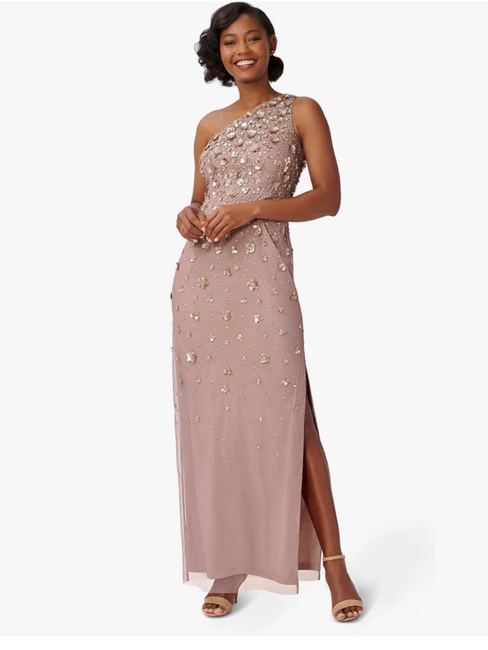Adrianna Papell Women's One Shoulder Beaded Gown, Stone, 16